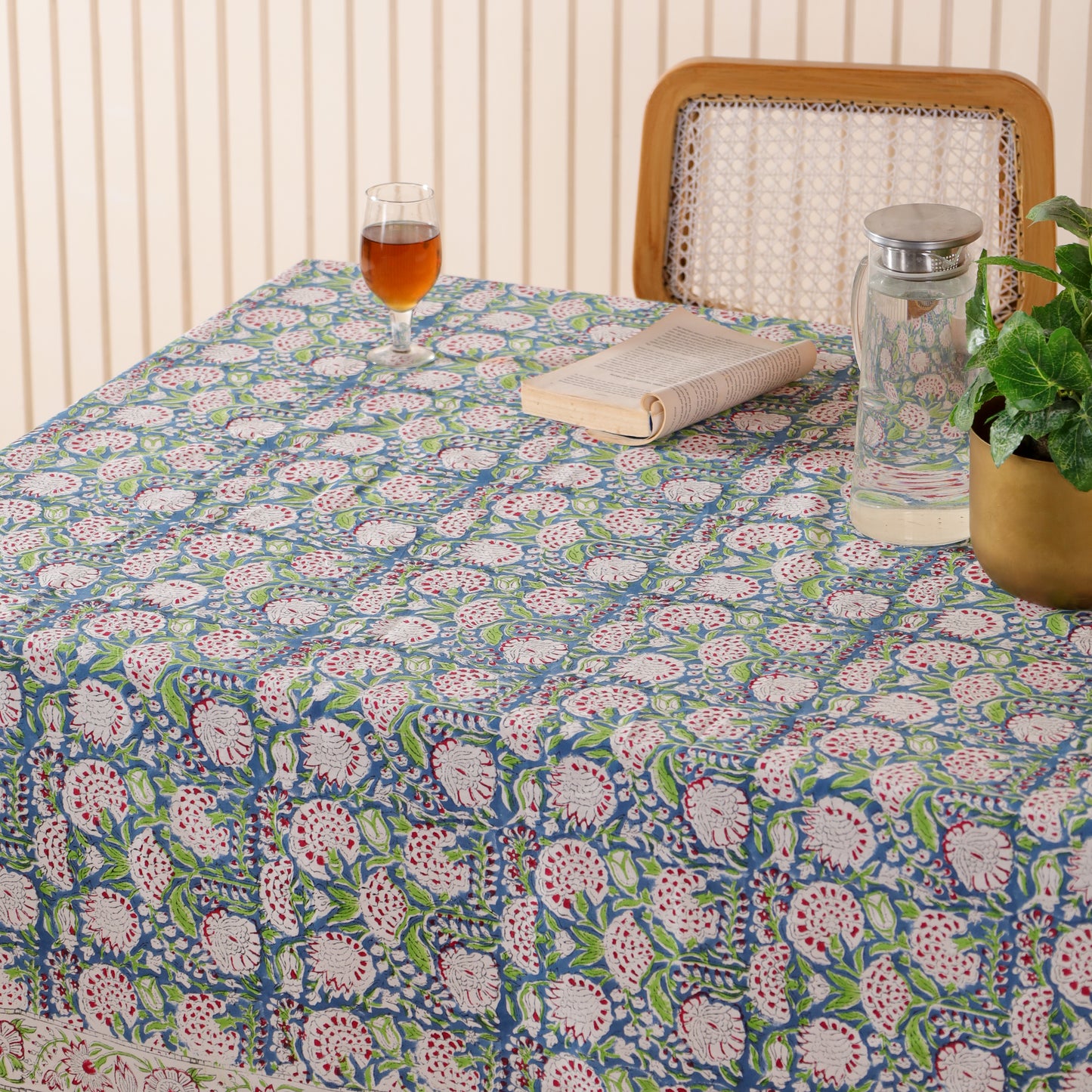 Blue and White Floral Hand Block Printed Cotton Tablecloth