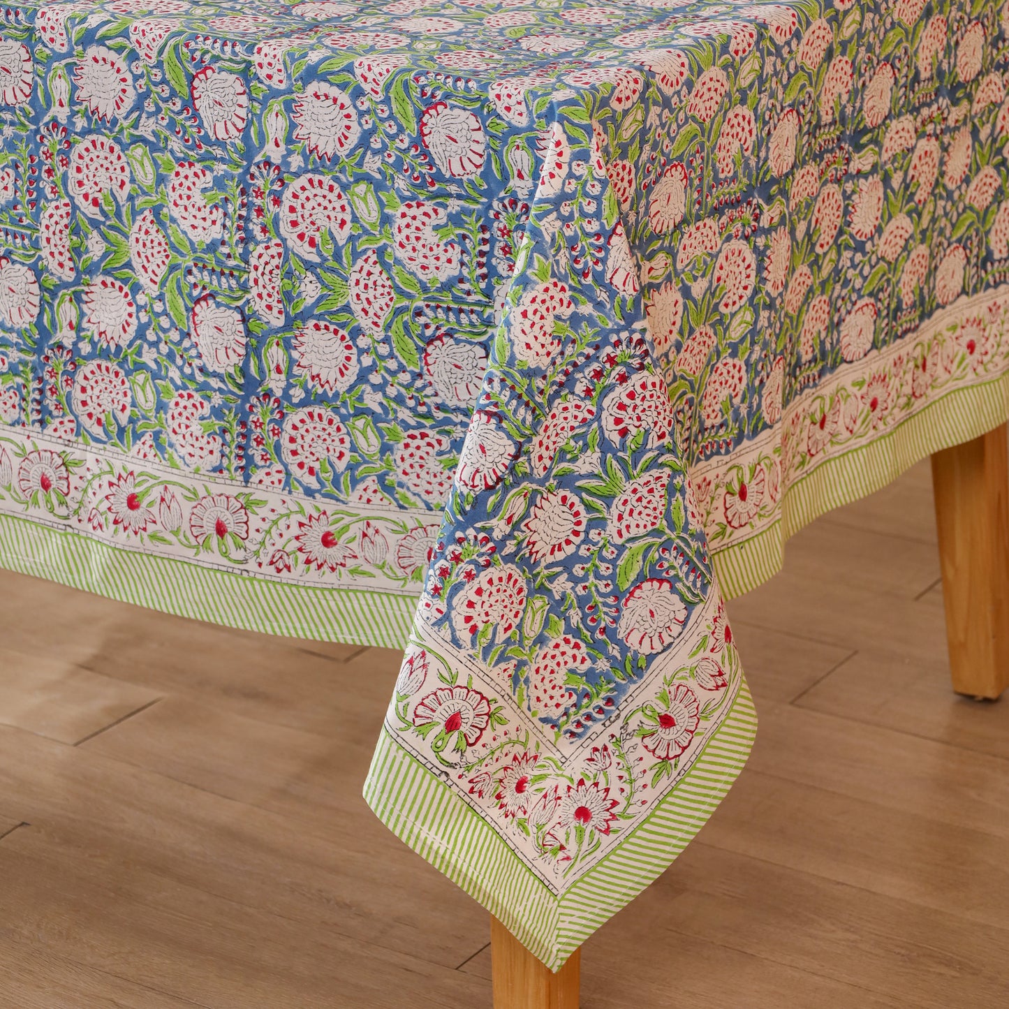 Blue and White Floral Hand Block Printed Cotton Tablecloth