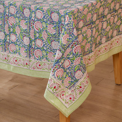 Blue and White Floral Hand Block Printed Cotton Tablecloth