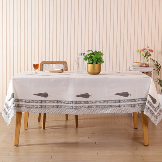 White And Black Hand Block Printed Cotton Tablecloth