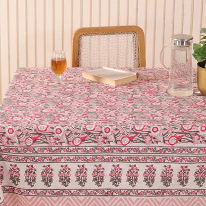 Pink Floral Hand Block Printed Cotton Tablecloth
