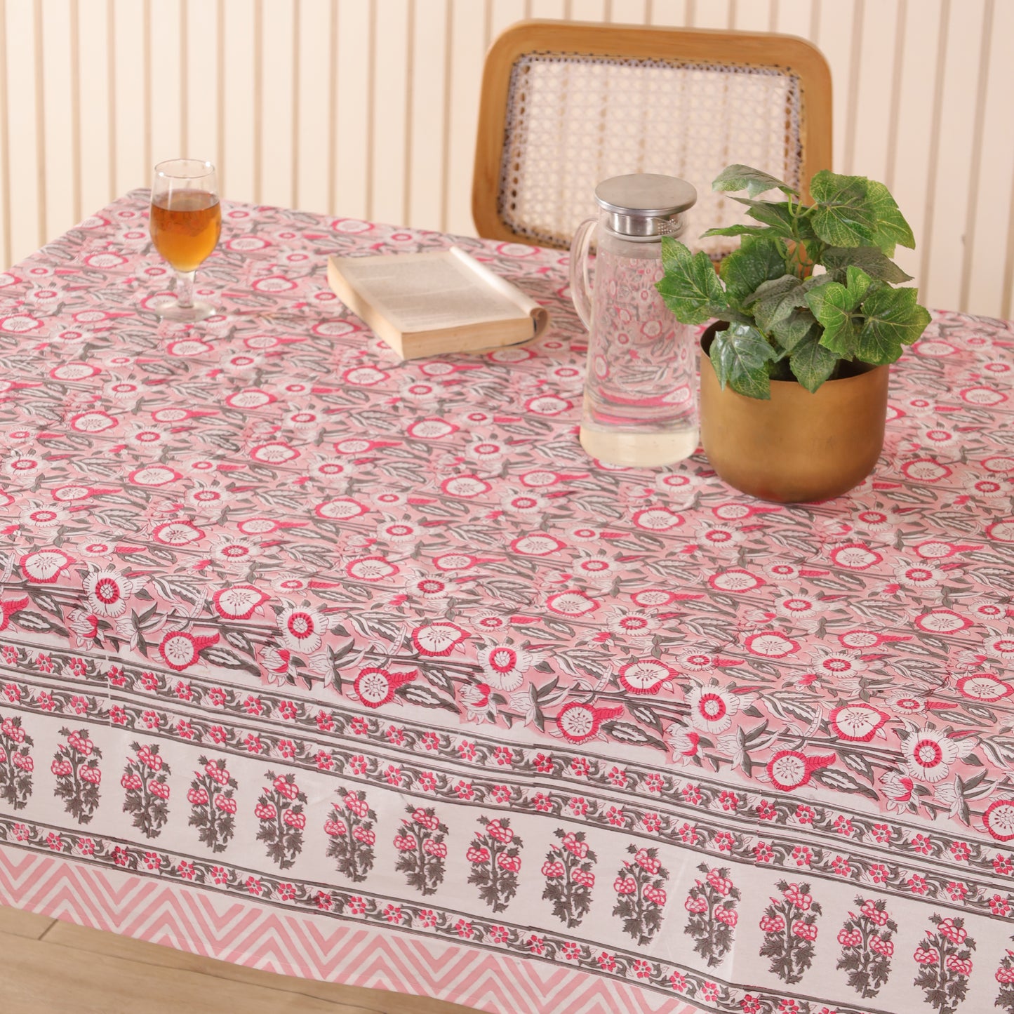 Pink Floral Hand Block Printed Cotton Tablecloth