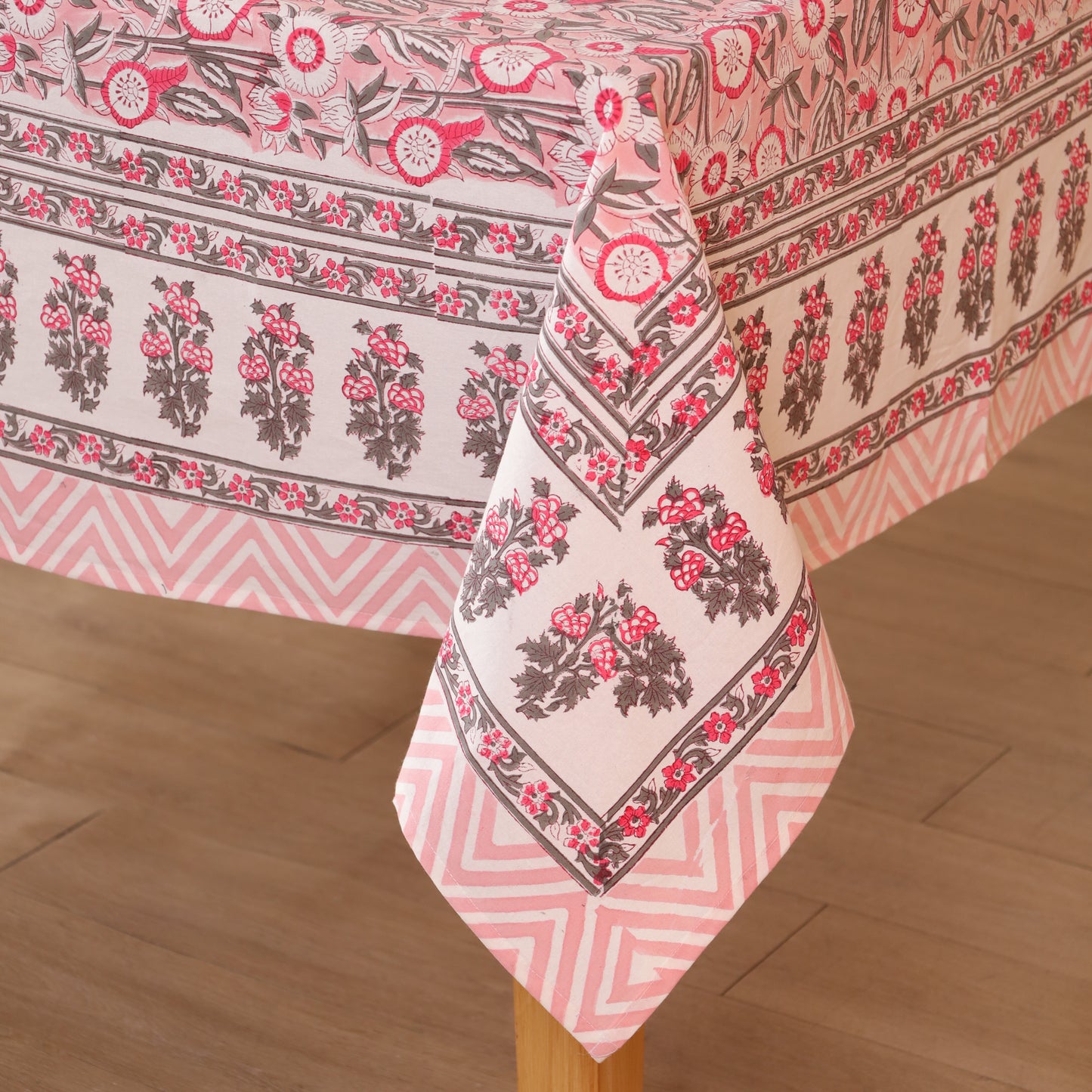 Pink Floral Hand Block Printed Cotton Tablecloth