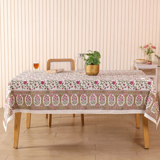 Floral Pink with Green Vines Handblock Print Cotton Tablecloth