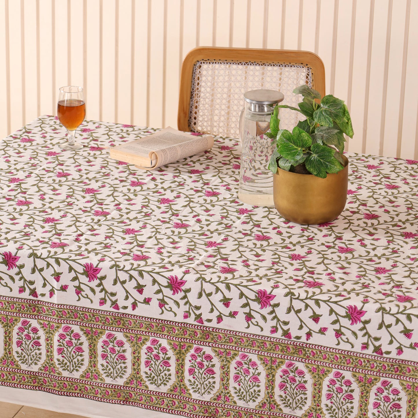 Floral Pink with Green Vines Handblock Print Cotton Tablecloth
