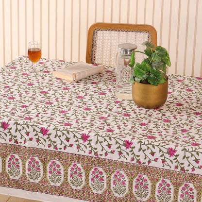 Floral Pink with Green Vines Handblock Print Cotton Tablecloth