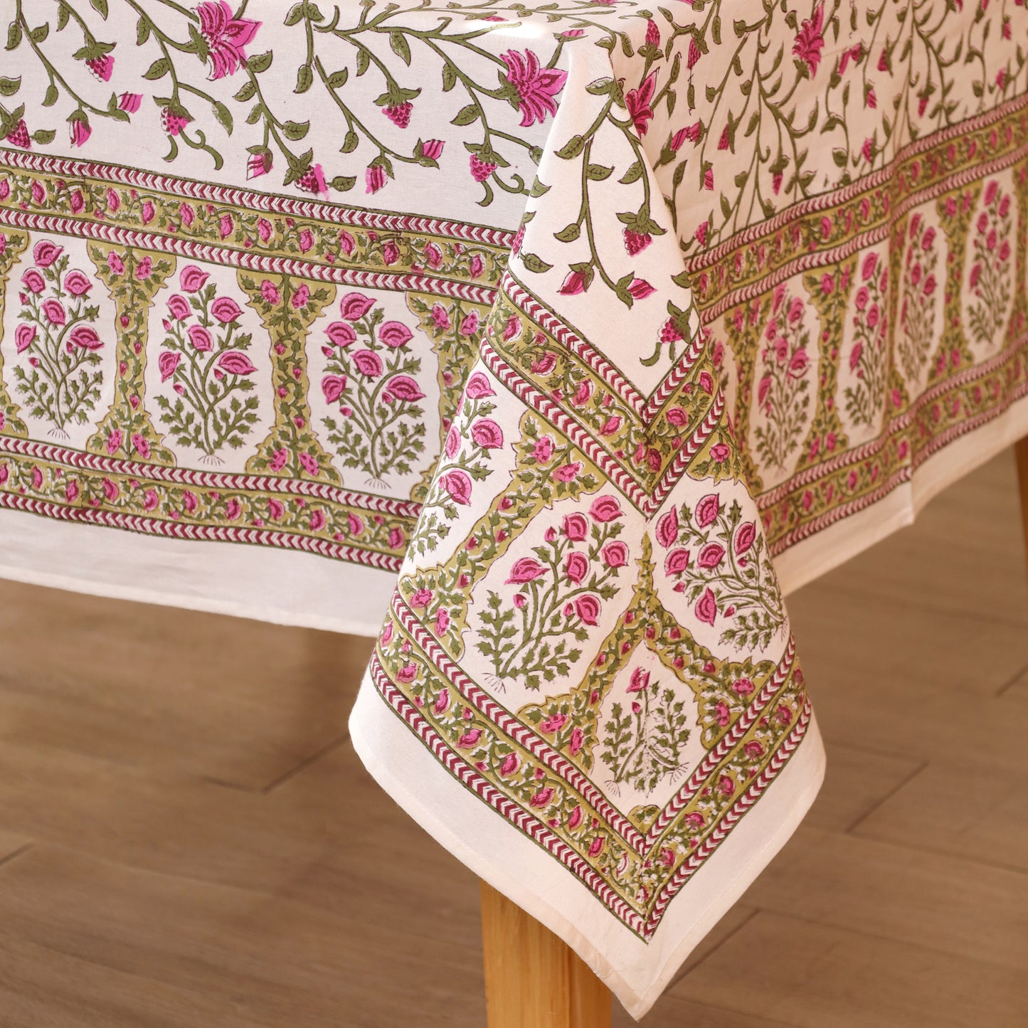 Floral Pink with Green Vines Handblock Print Cotton Tablecloth