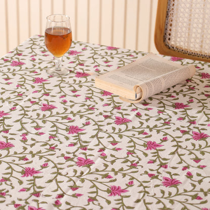 Floral Pink with Green Vines Handblock Print Cotton Tablecloth