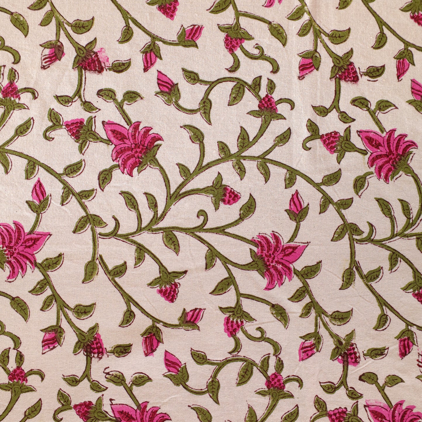 Floral Pink with Green Vines Handblock Print Cotton Tablecloth