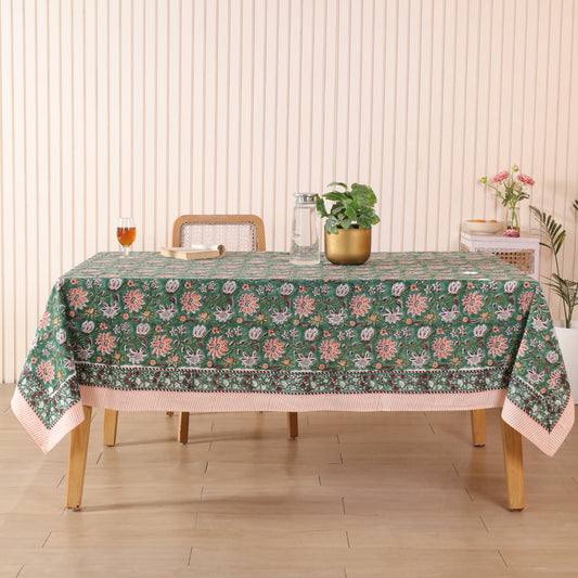 Green with Peach & White Flowers Floral Handblock Print Cotton Tablecloth