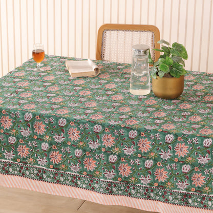 Green with Peach & White Flowers Floral Handblock Print Cotton Tablecloth