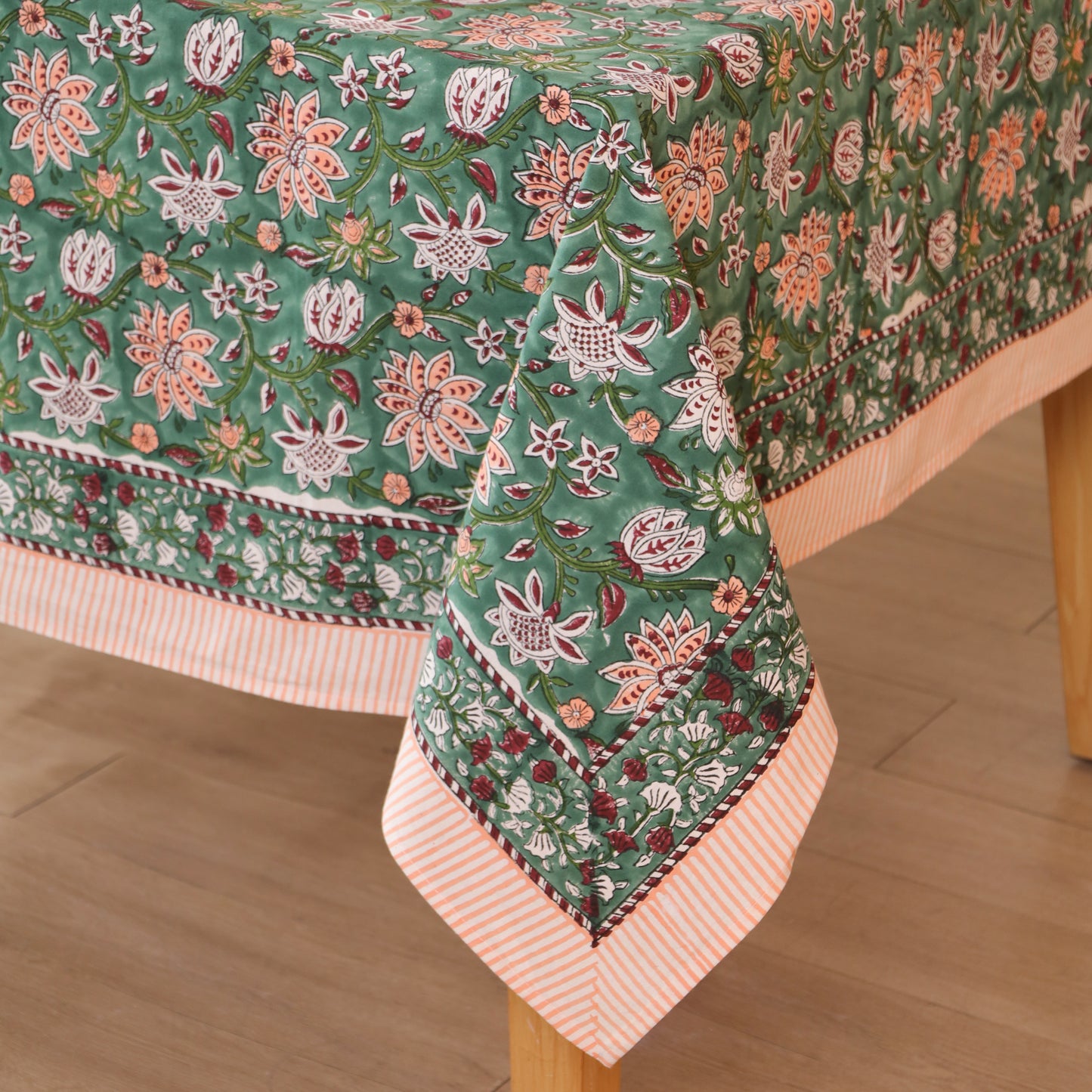 Green with Peach & White Flowers Floral Handblock Print Cotton Tablecloth