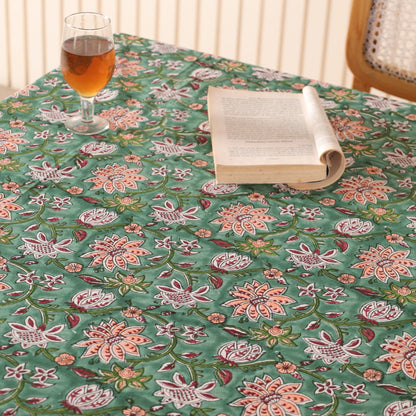 Green with Peach & White Flowers Floral Handblock Print Cotton Tablecloth