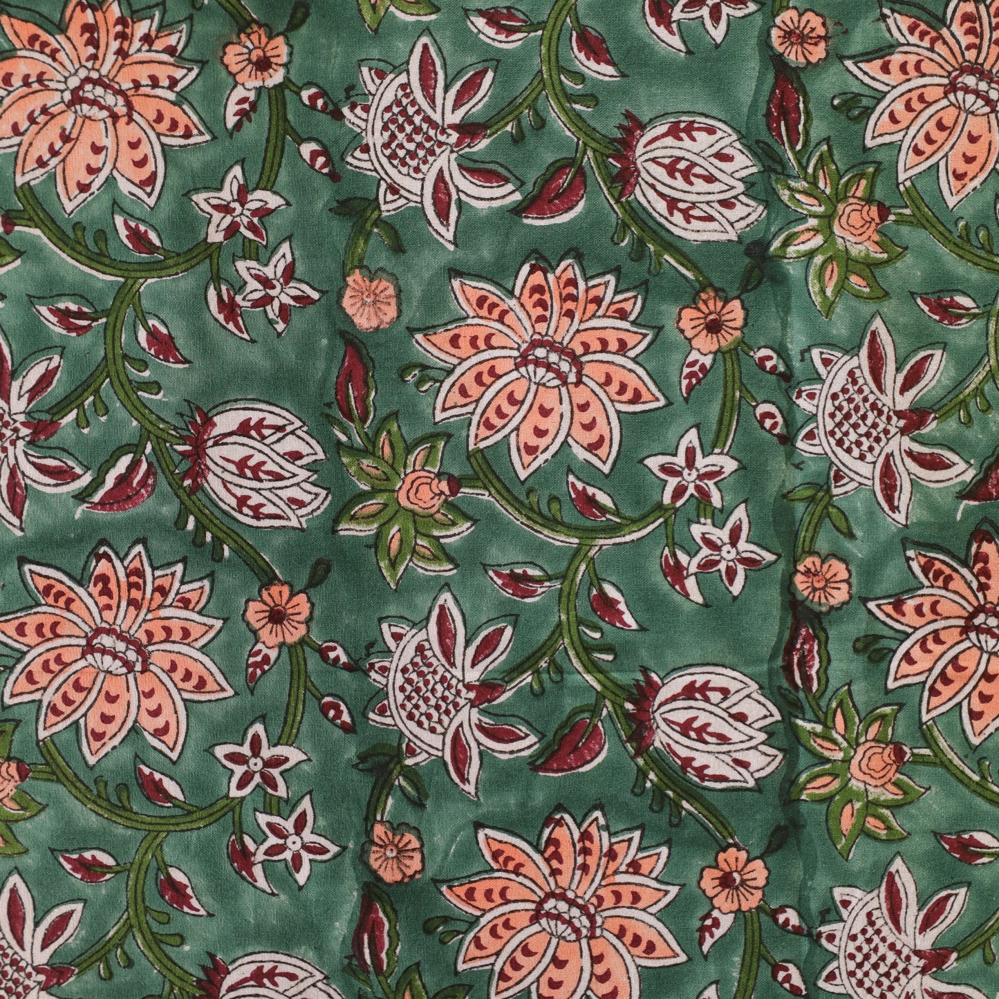 Green with Peach & White Flowers Floral Handblock Print Cotton Tablecloth