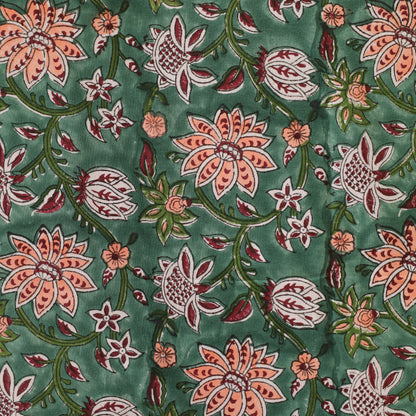 Green with Peach & White Flowers Floral Handblock Print Cotton Tablecloth