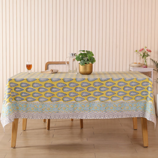 Yellow Leaf Motif Sanganeri Handblock Print Cotton Tablecloth