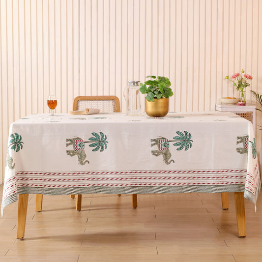 White Floral Handblock Print Cotton Tablecloth