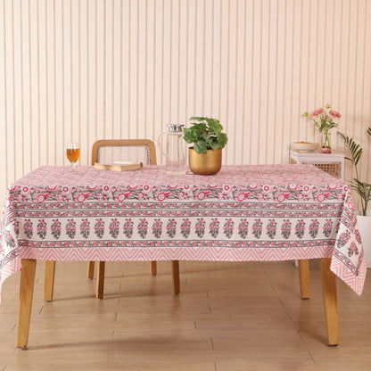 Pink Floral Hand Block Printed Cotton Tablecloth