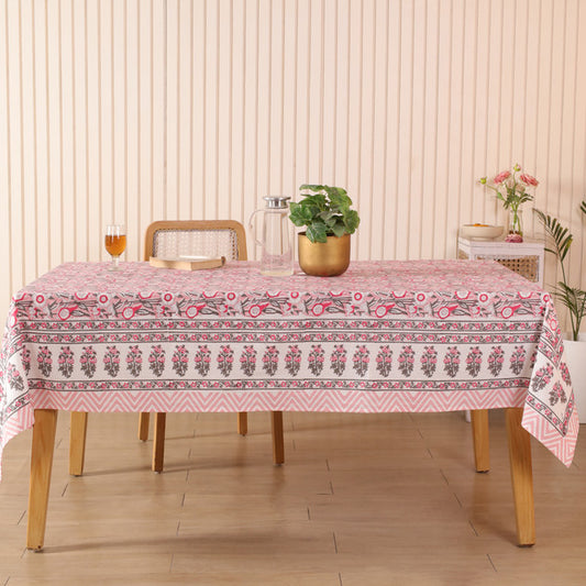 Pink Floral Hand Block Printed Cotton Tablecloth