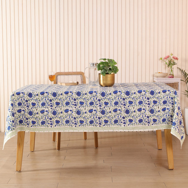 Cotton Handblock Blue Floral Dining Table Cover